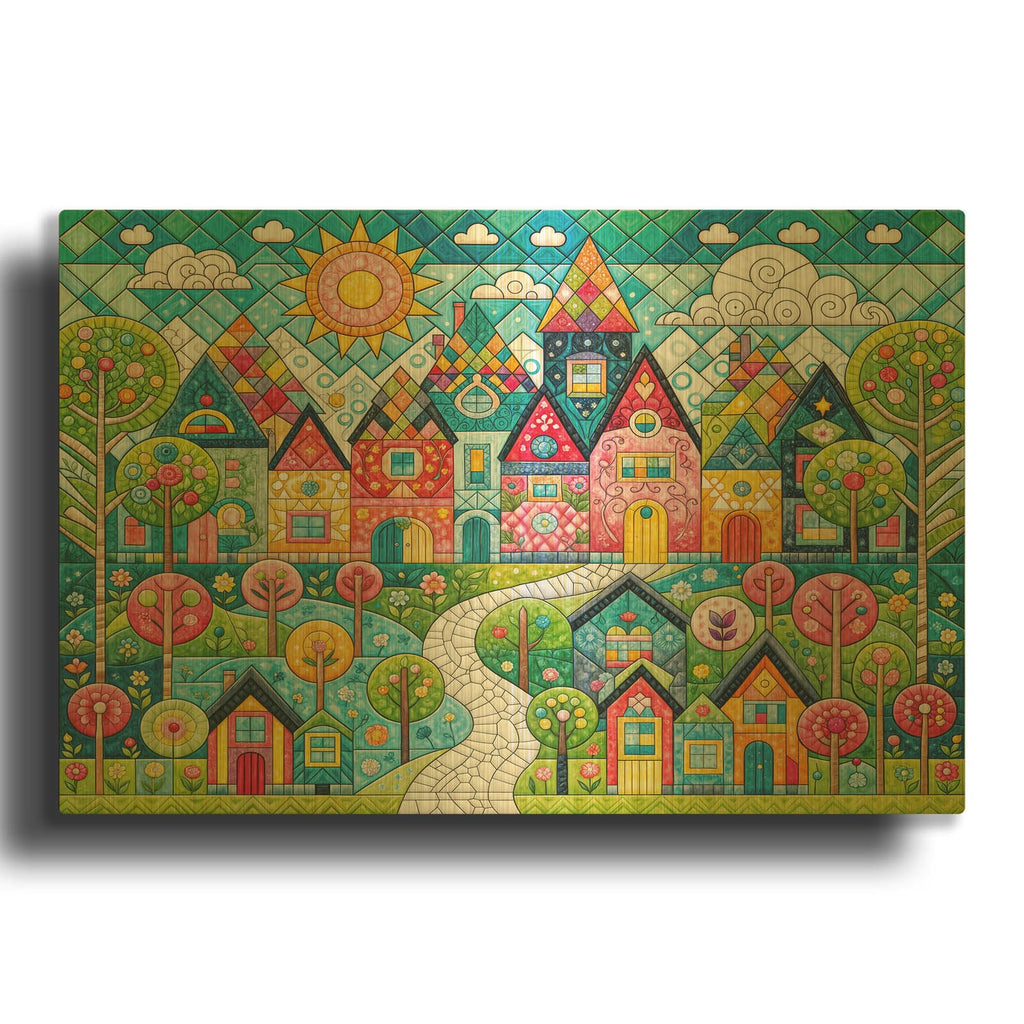 'Quilt Style Scene 4' By Rey Klimt Gold Metal Wall Art