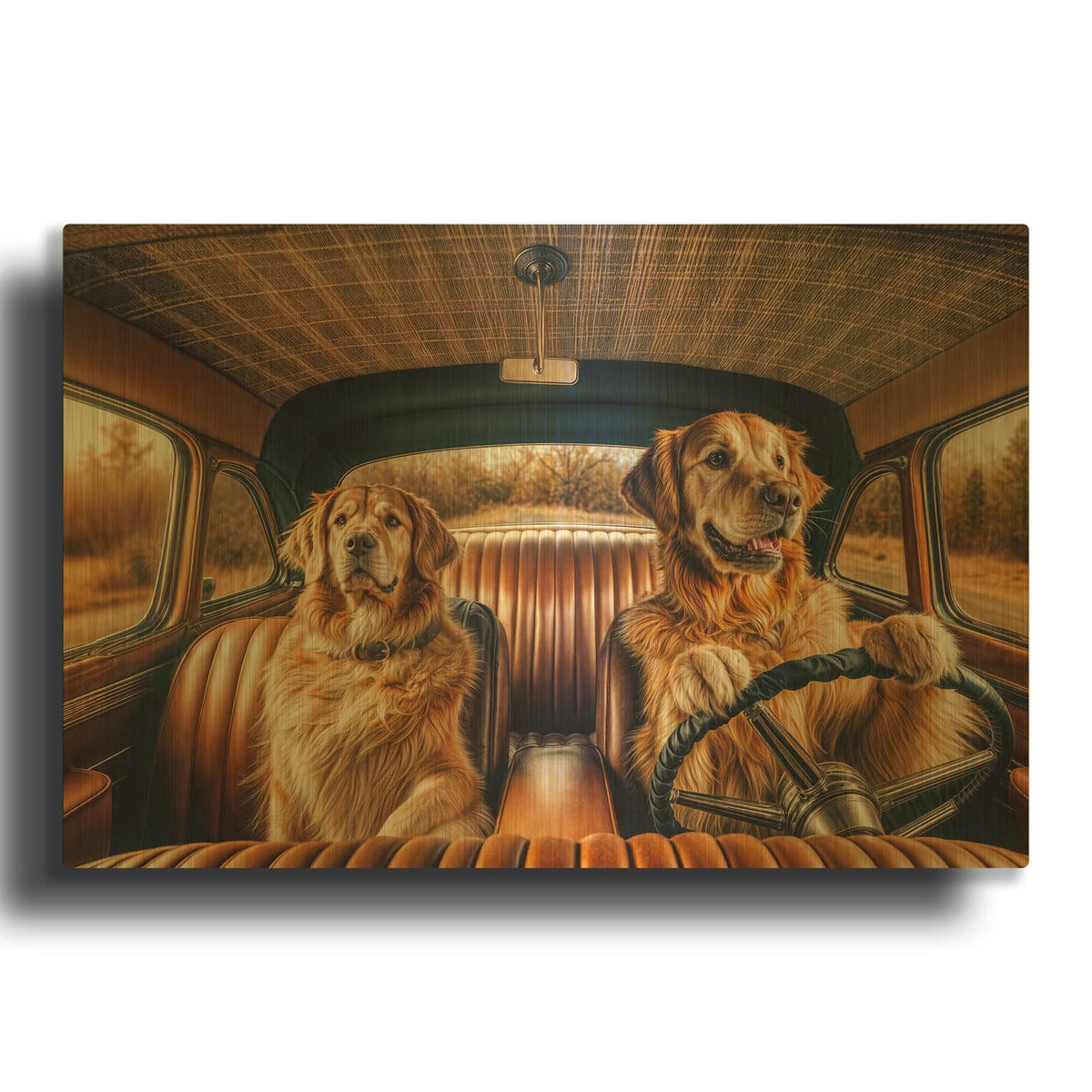 'Two Golden Retriever dogs in vintage car' By Rey Klimt Gold Metal Wall Art