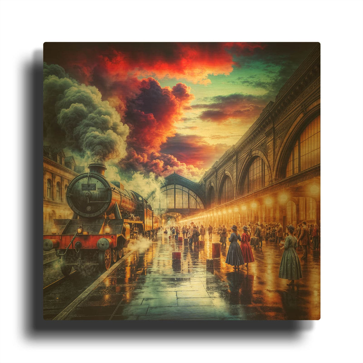 'Steam Train at Station' By Rey Klimt Gold Metal Wall Art