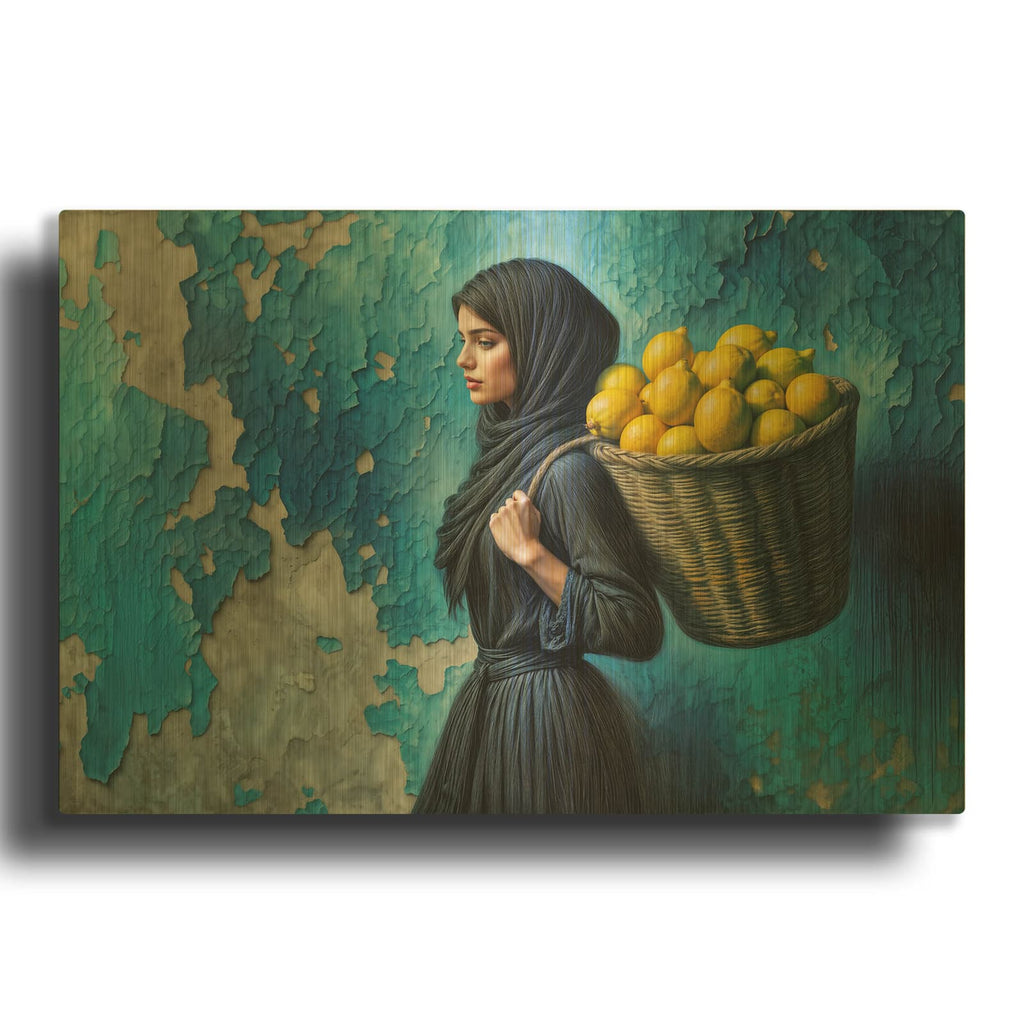 'Girl with Basket of Lemons' By Rey Klimt Gold Metal Wall Art