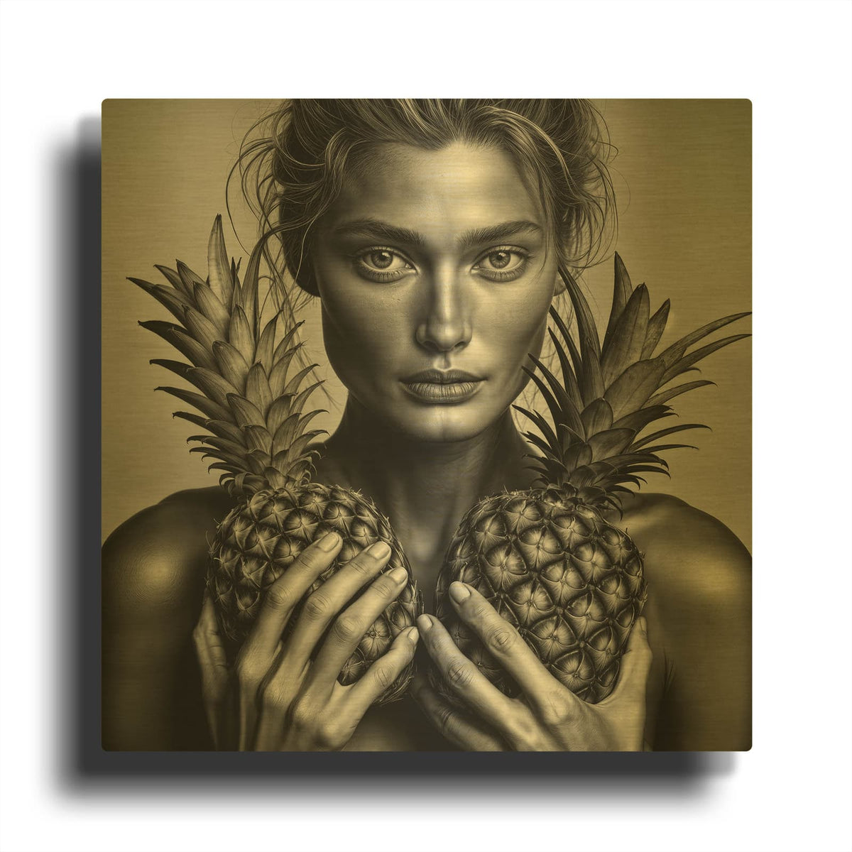 'Lady With Pineapples' By Rey Klimt Gold Metal Wall Art