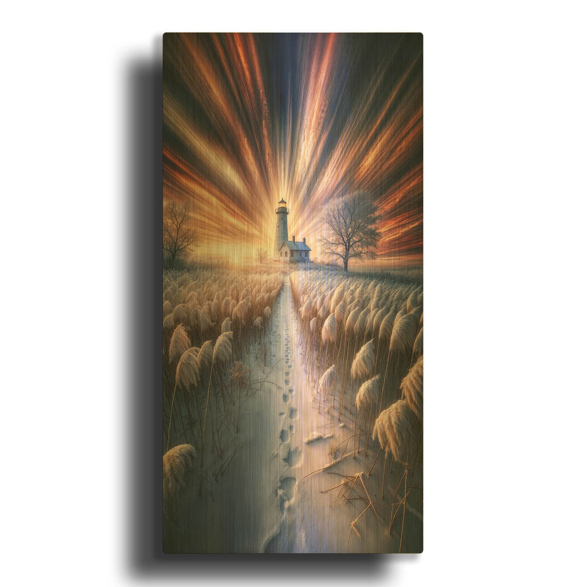 'Lighthouse Sunrise 2' By Rey Klimt Gold Metal Wall Art