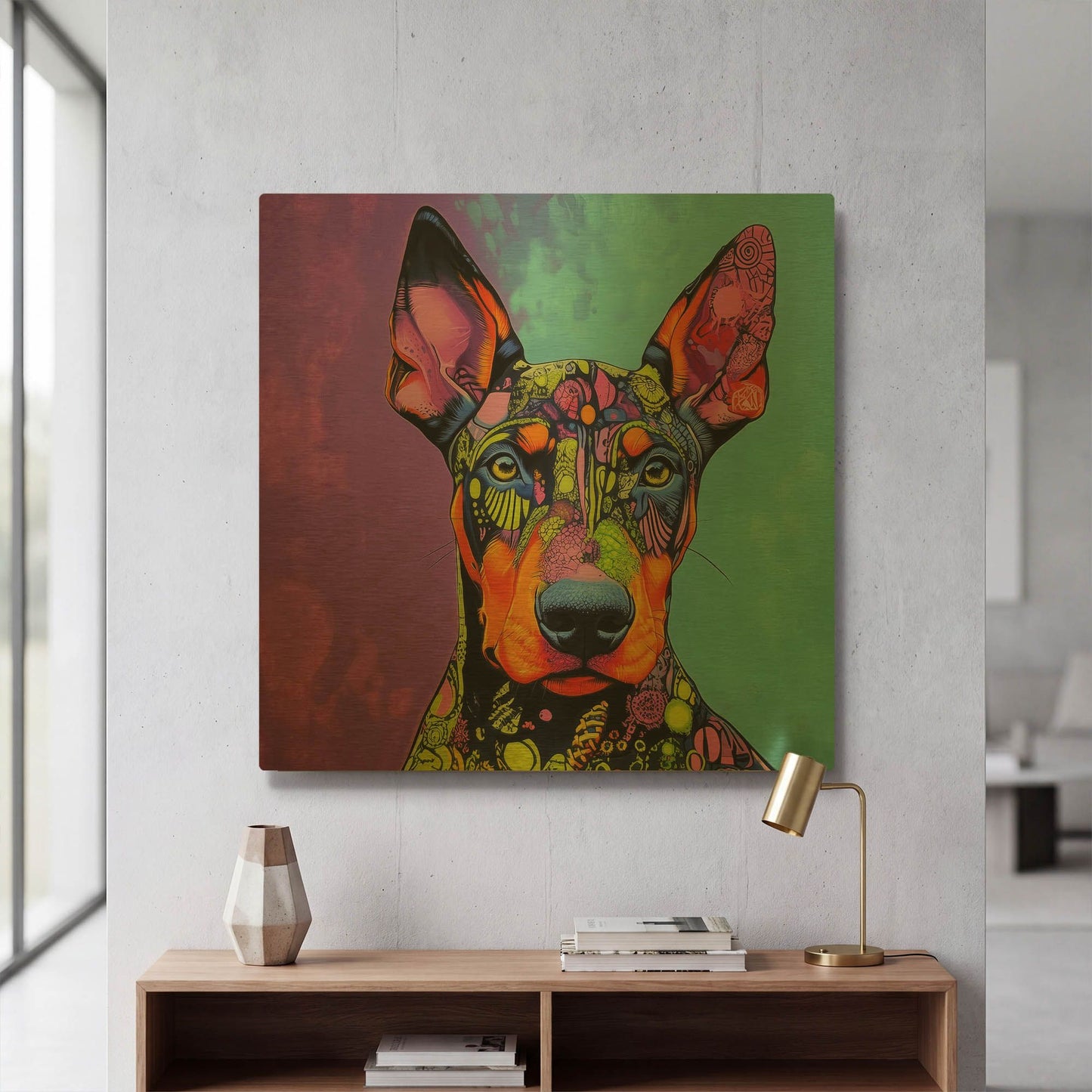'Woof Deberman' By Rich Monet Gold Metal Wall Art