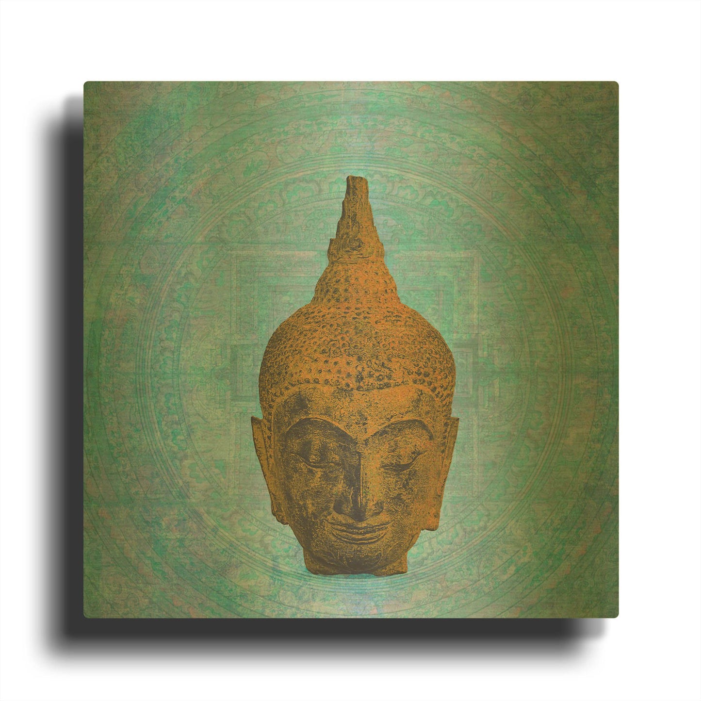 'Buddha on Blue' By Elena Ray Gold Metal Wall Art