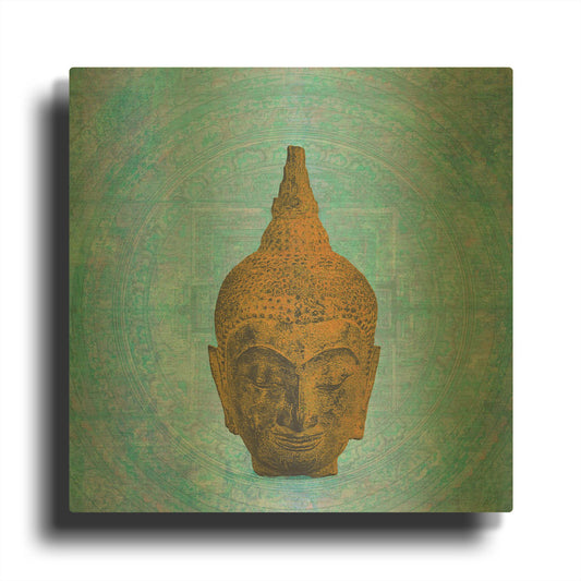 'Buddha on Blue' By Elena Ray Gold Metal Wall Art