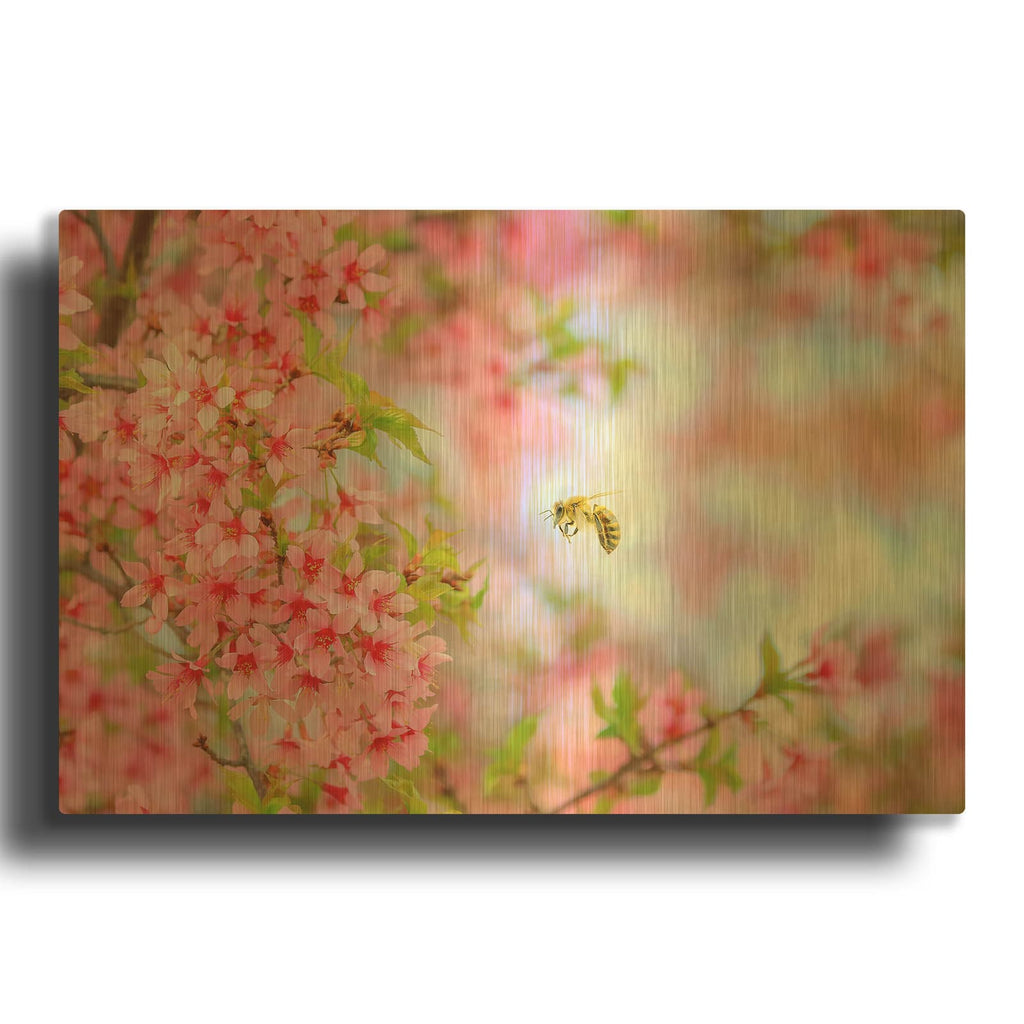 'Whimsical Bee & Cherry Tree' By Carrie Ann Grippo-Pike Gold Metal Wall Art