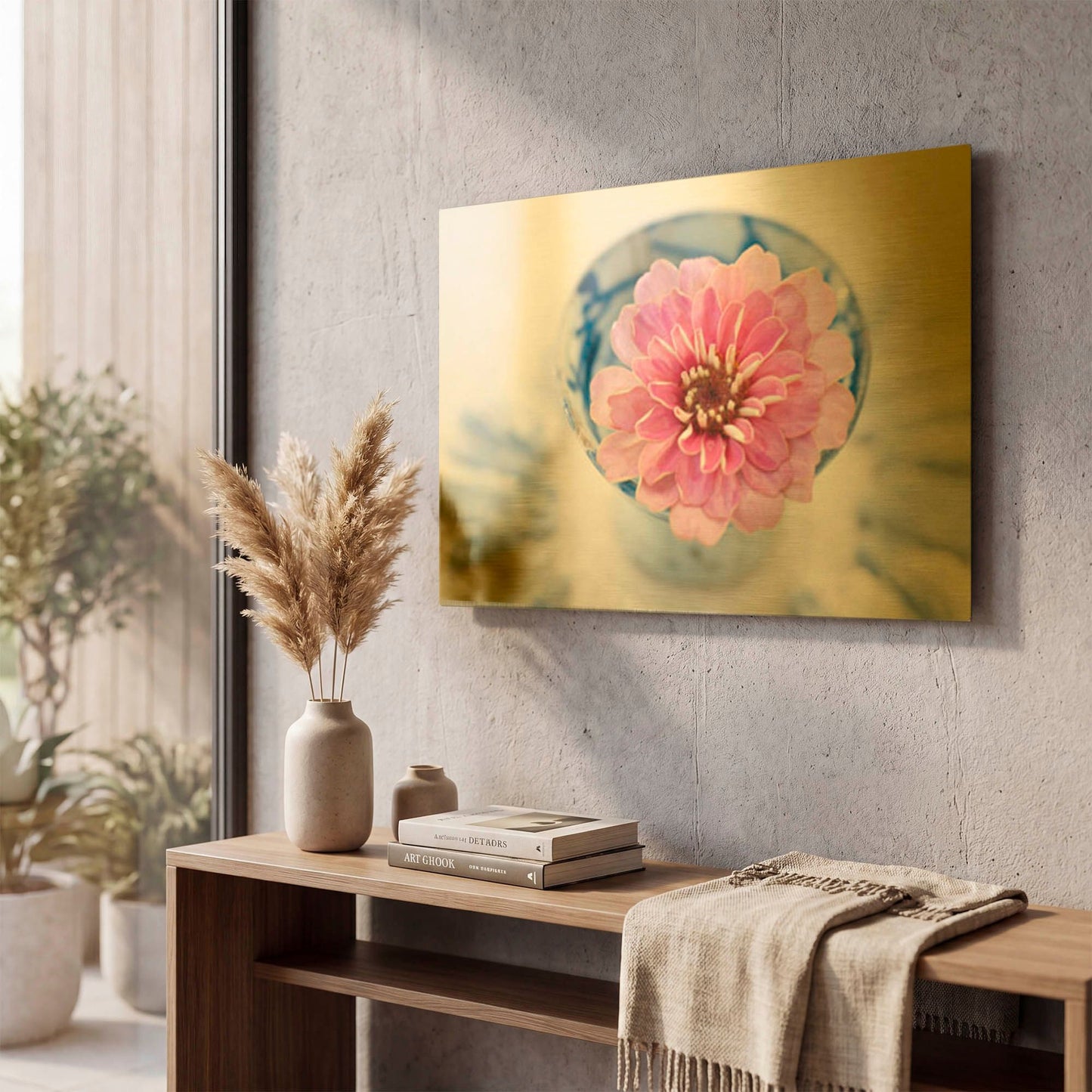 'Pink Flower In A Sake Cup' By Elena Ray Gold Metal Wall Art