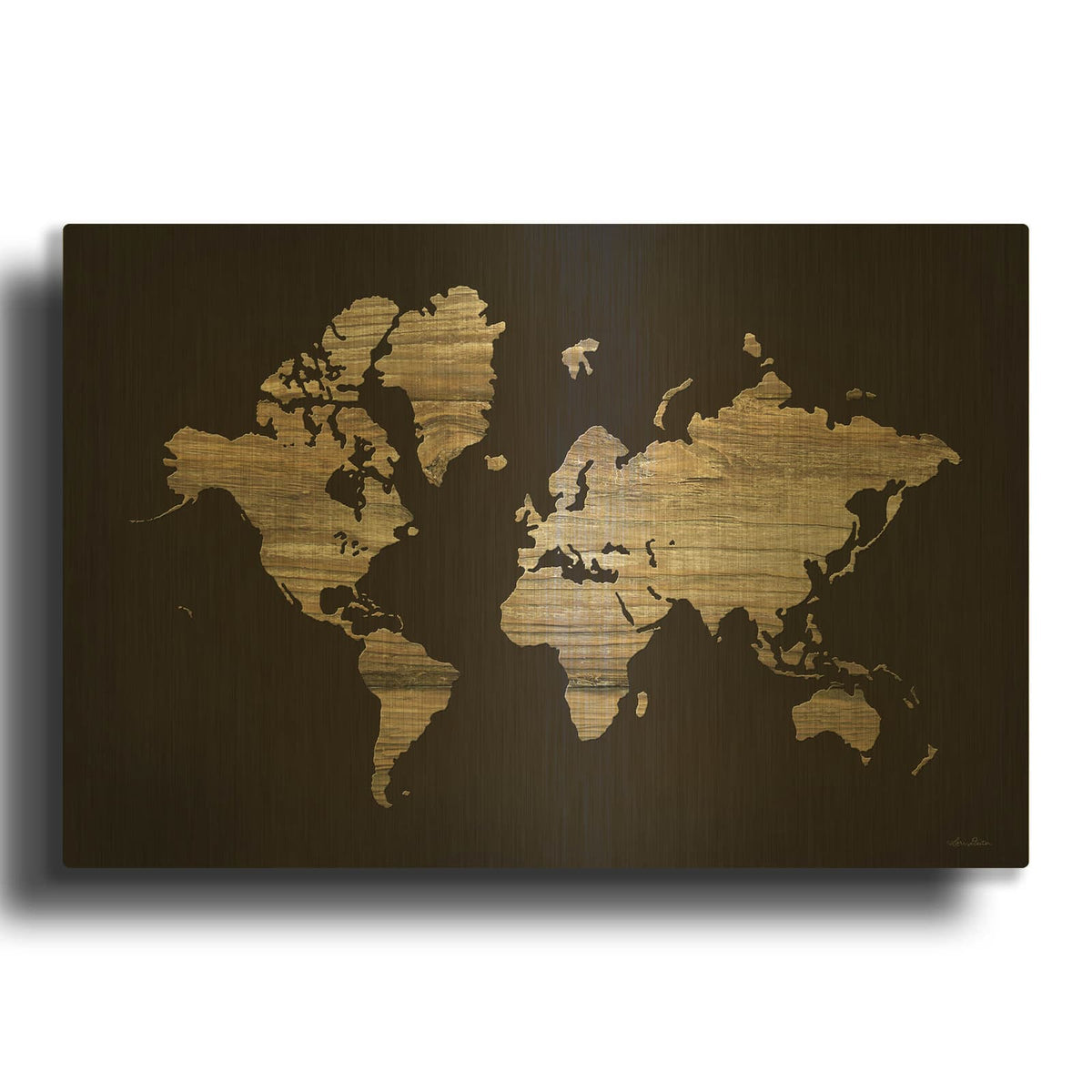 'Wood World Map' By Lori Deiter Gold Metal Wall Art
