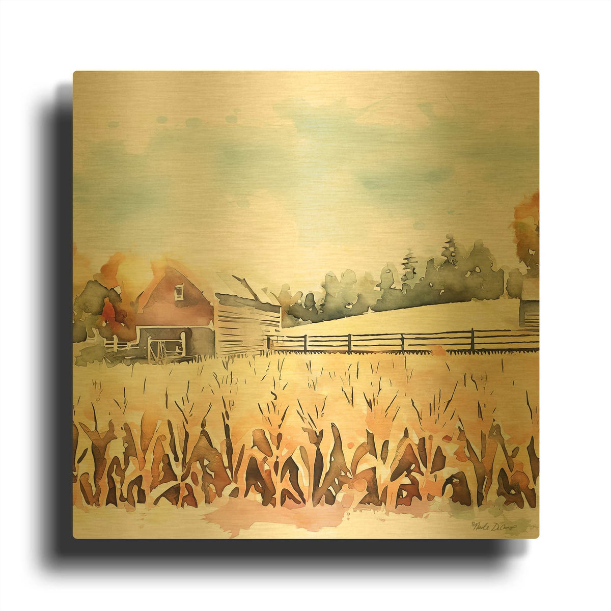'Countryside Autumn Barn 1' By Nicole DeCamp Gold Metal Wall Art