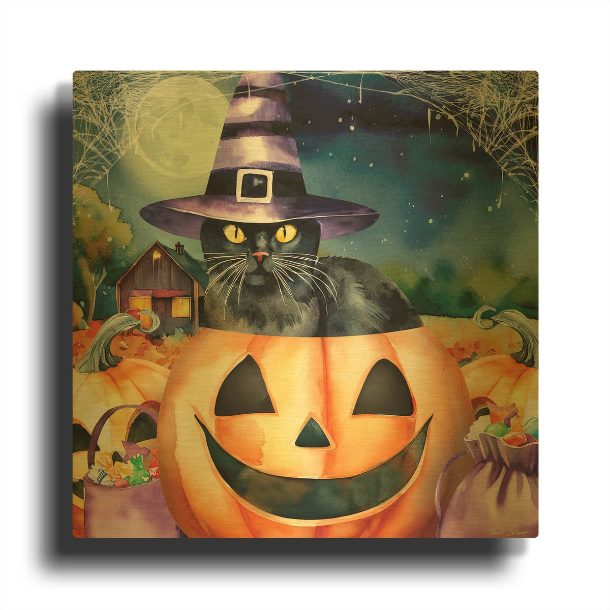 'Black Cat In Pumpkin' By Nicole DeCamp Gold Metal Wall Art