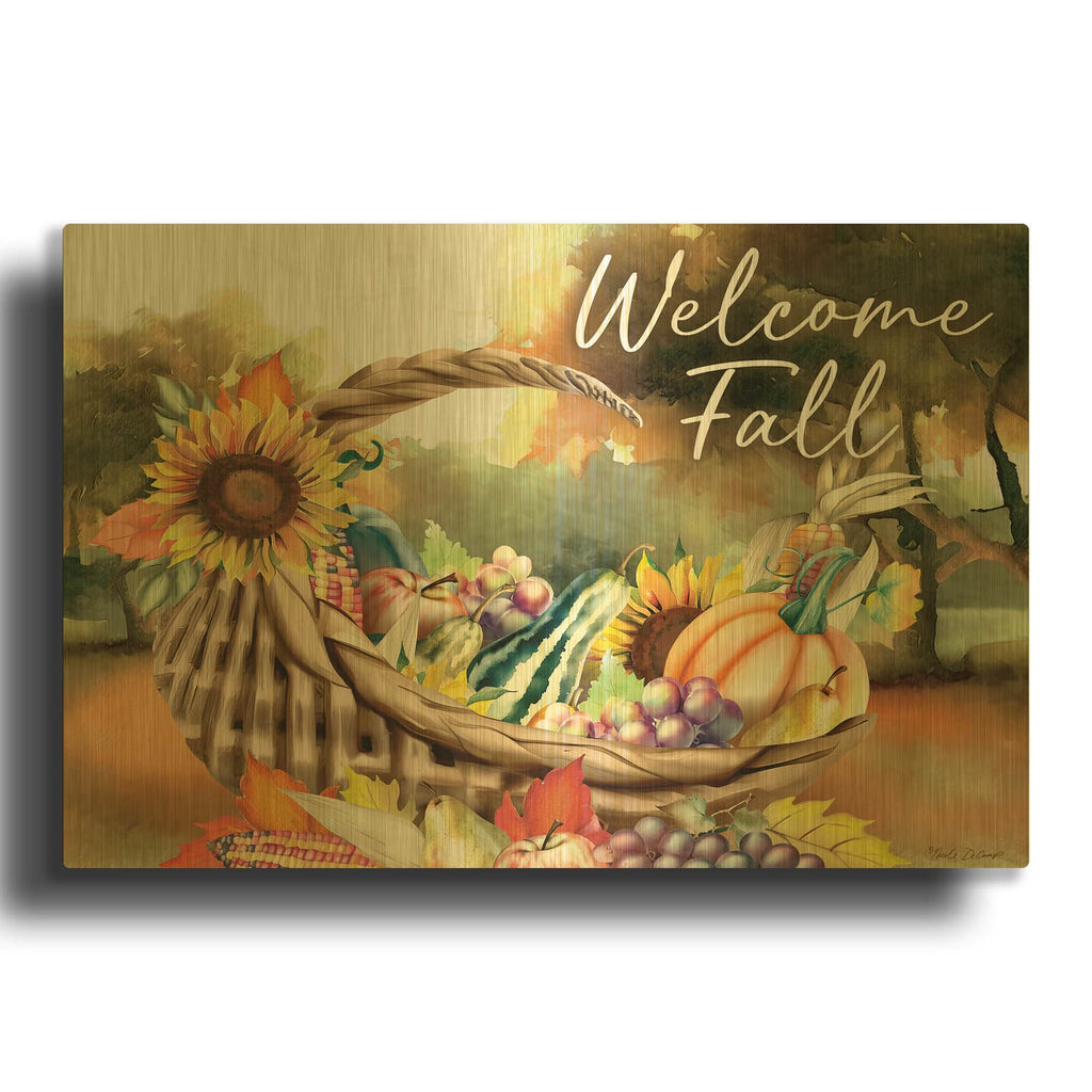 'Welcome Fall' By Nicole DeCamp Gold Metal Wall Art