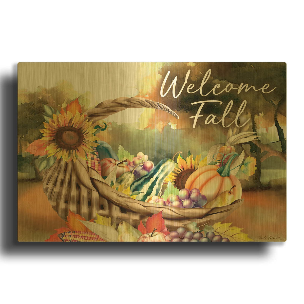 'Welcome Fall' By Nicole DeCamp Gold Metal Wall Art