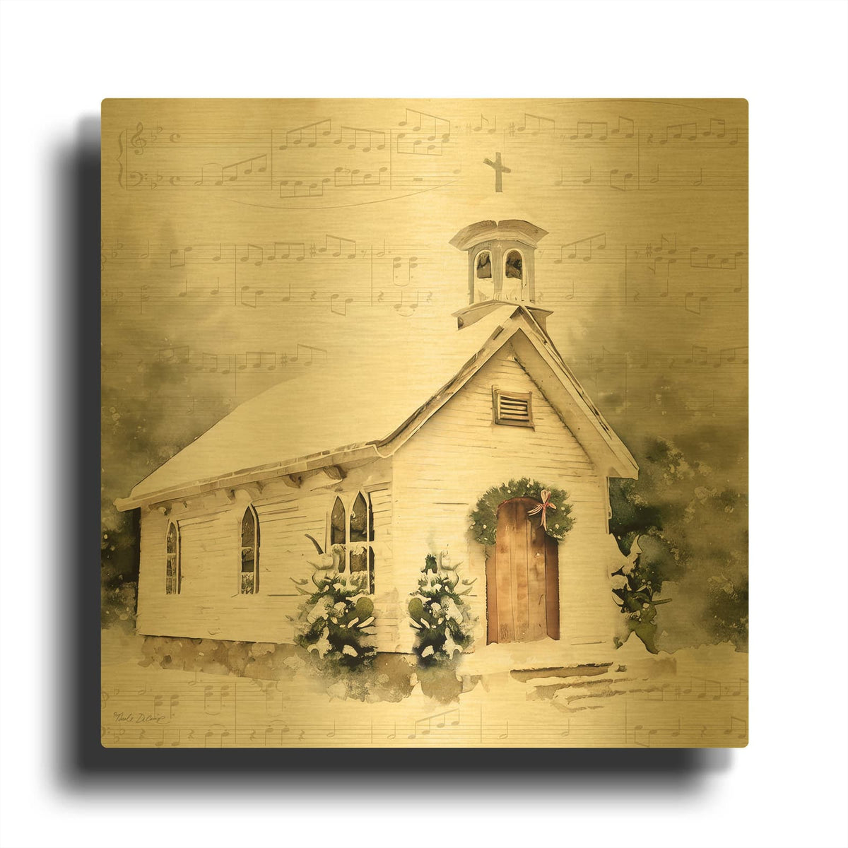 'Country Church At Christmas 2' By Nicole DeCamp Gold Metal Wall Art