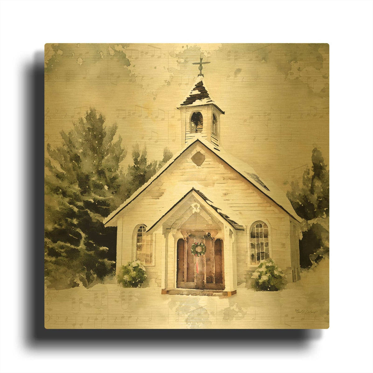 'Country Church At Christmas 1' By Nicole DeCamp Gold Metal Wall Art