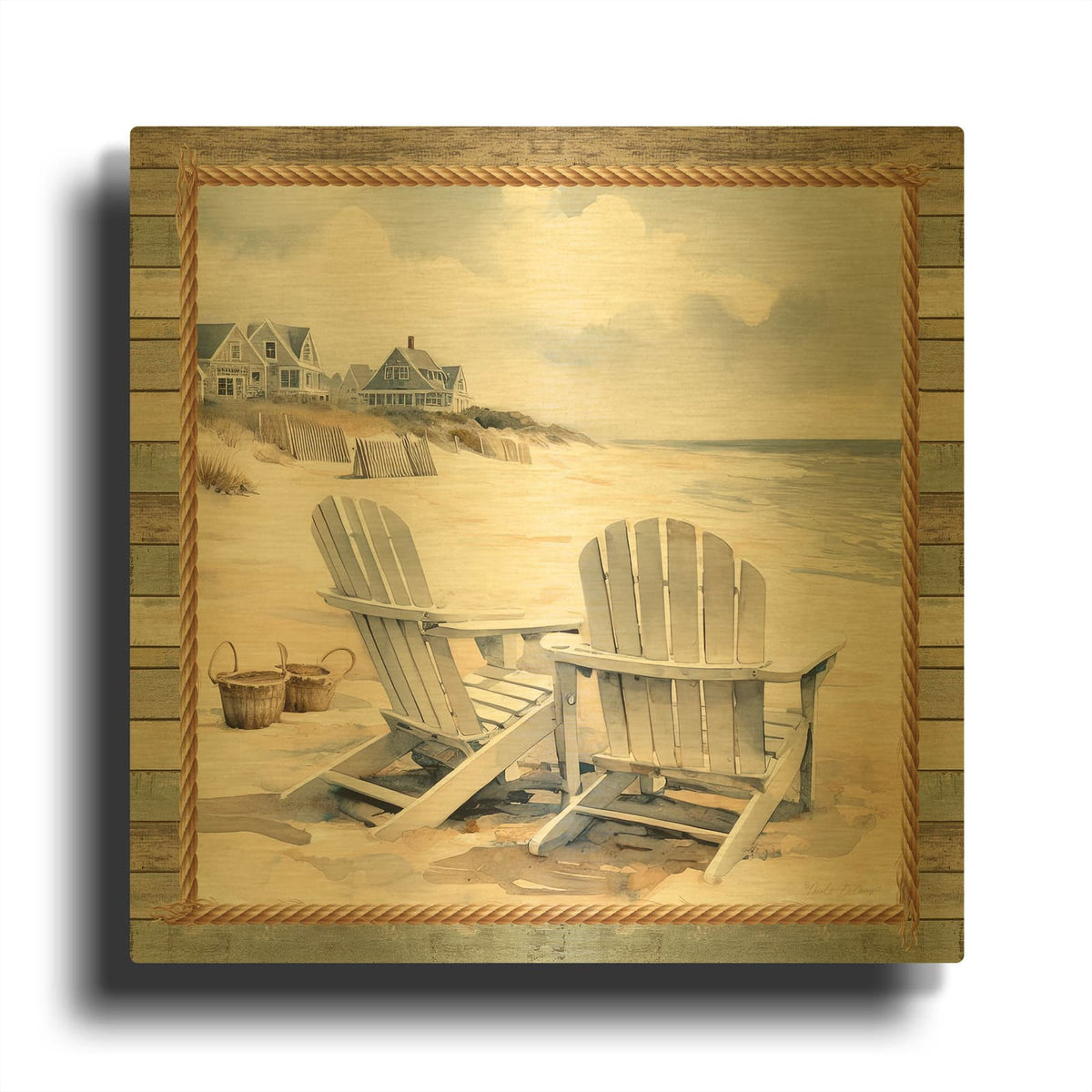 'Cape Cod Adirondack Chairs' By Nicole DeCamp Gold Metal Wall Art