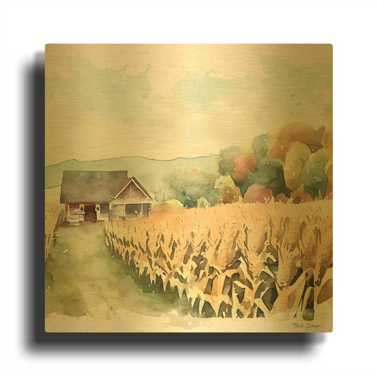 'Countryside Autumn Barn 2' By Nicole DeCamp Gold Metal Wall Art