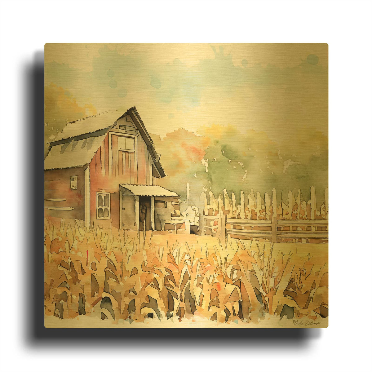 'Countryside Autumn Barn 3' By Nicole DeCamp Gold Metal Wall Art