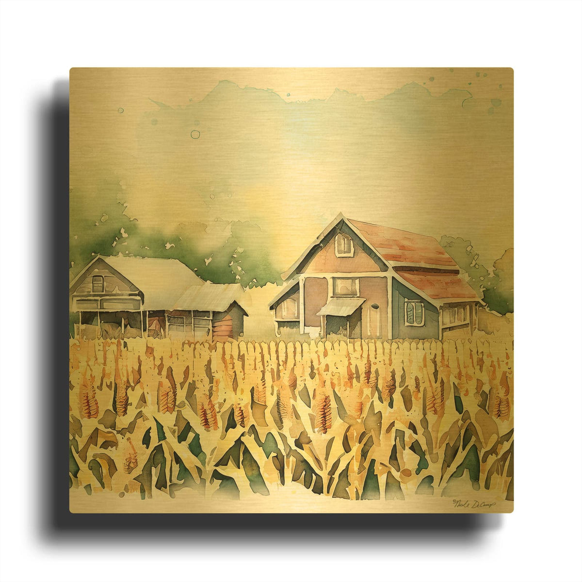 'Countryside Autumn Barn 5' By Nicole DeCamp Gold Metal Wall Art