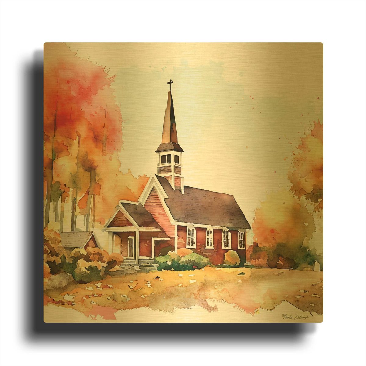 'Countryside Autumn Church 2' By Nicole DeCamp Gold Metal Wall Art