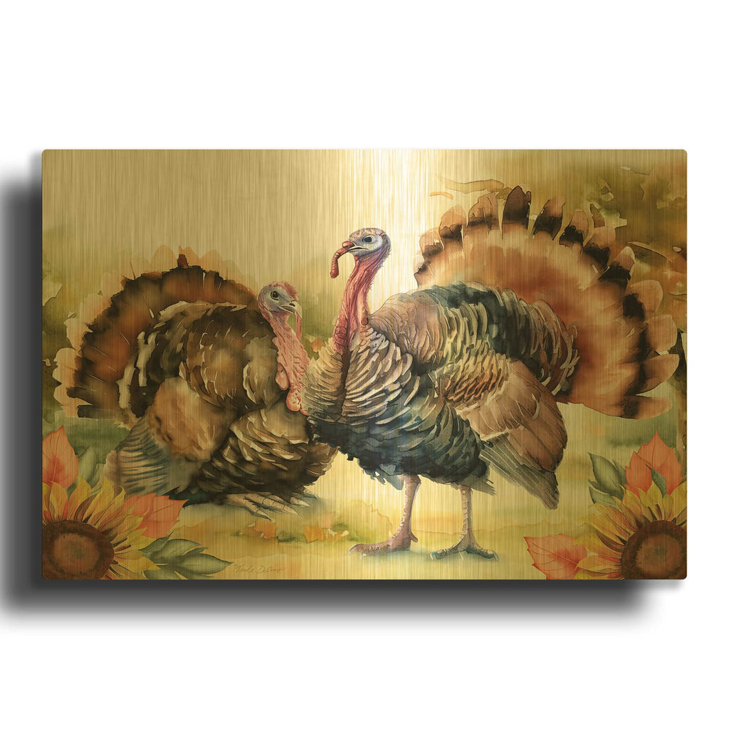 'Elegant Thanksgiving Turkey Pair' By Nicole DeCamp Gold Metal Wall Art
