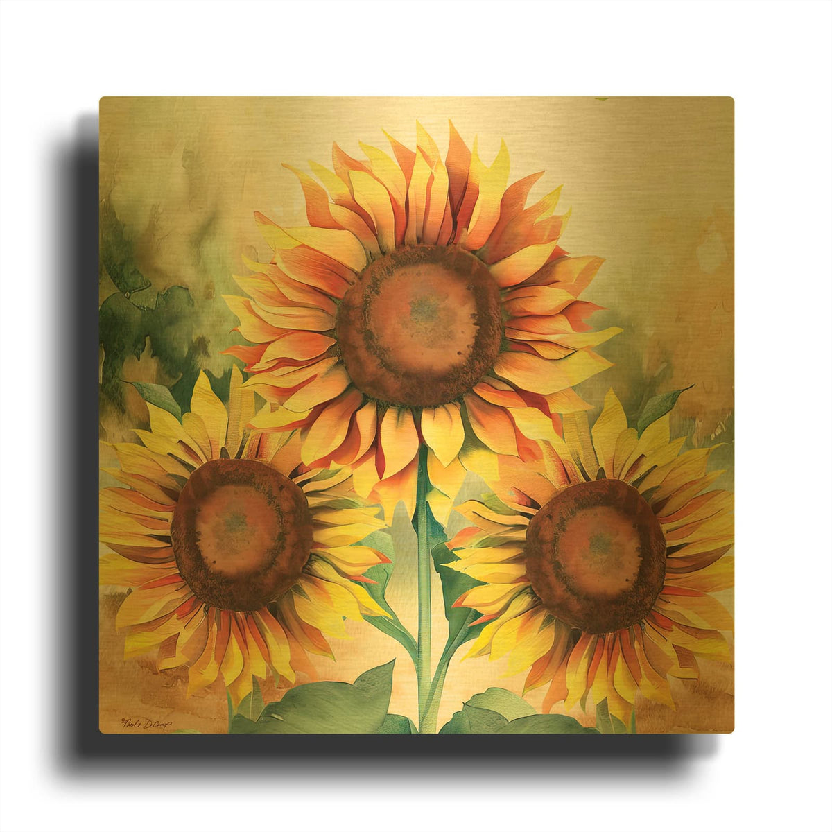 'Sunflower Trio' By Nicole DeCamp Gold Metal Wall Art