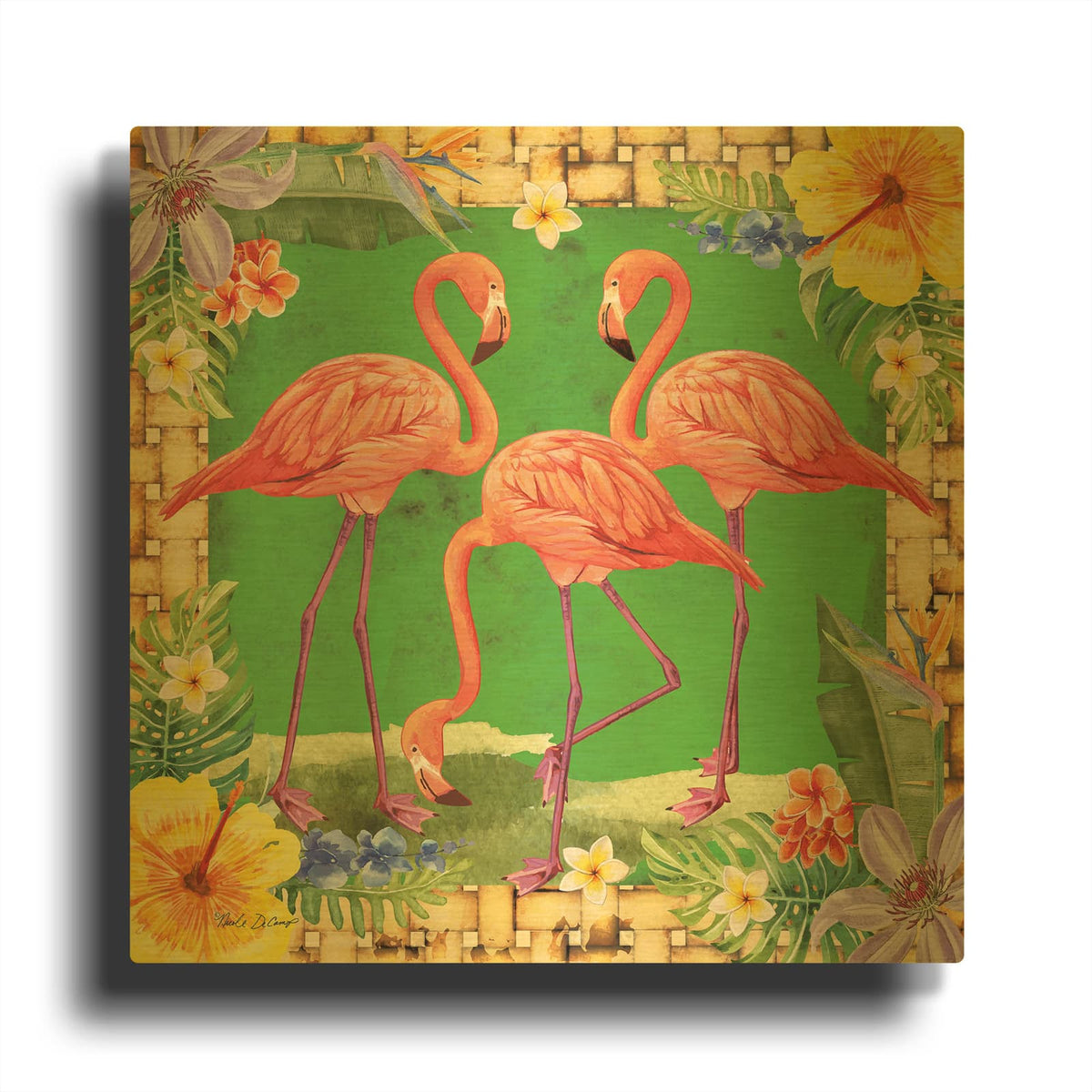 'Tropical Flamingo Trio' By Nicole DeCamp Gold Metal Wall Art