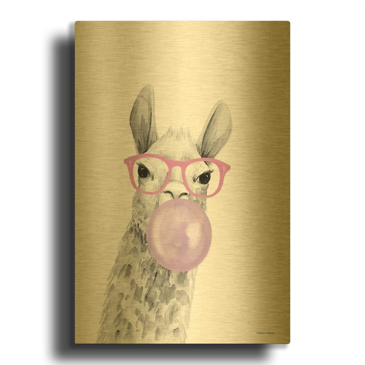 'Bubble Gum Alpaca' By Rachel Nieman Gold Metal Wall Art