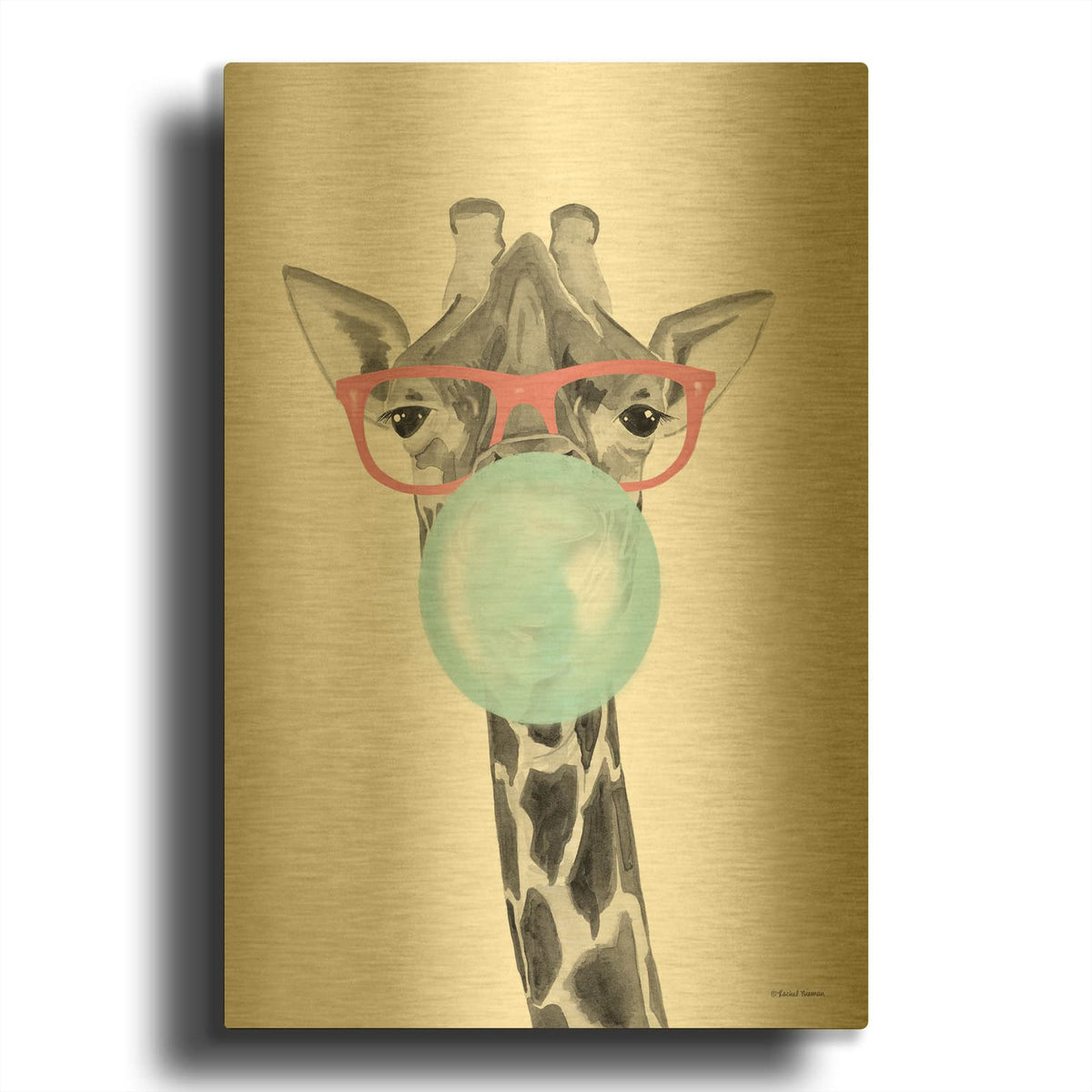 'Bubble Gum Giraffe' By Rachel Nieman Gold Metal Wall Art