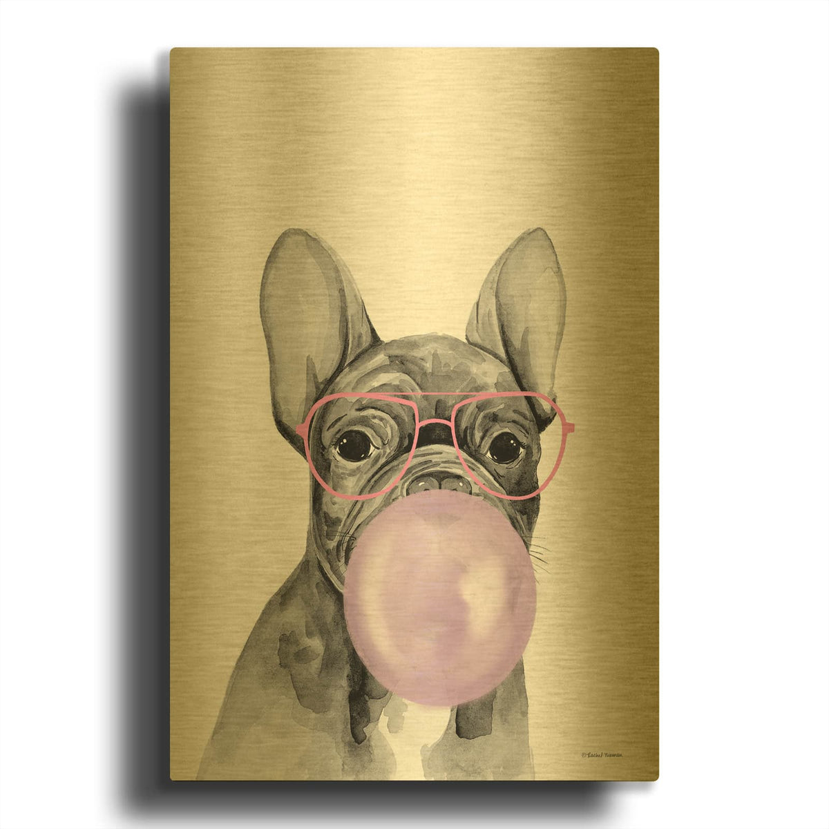 'Bubble Gum Puppy' By Rachel Nieman Gold Metal Wall Art