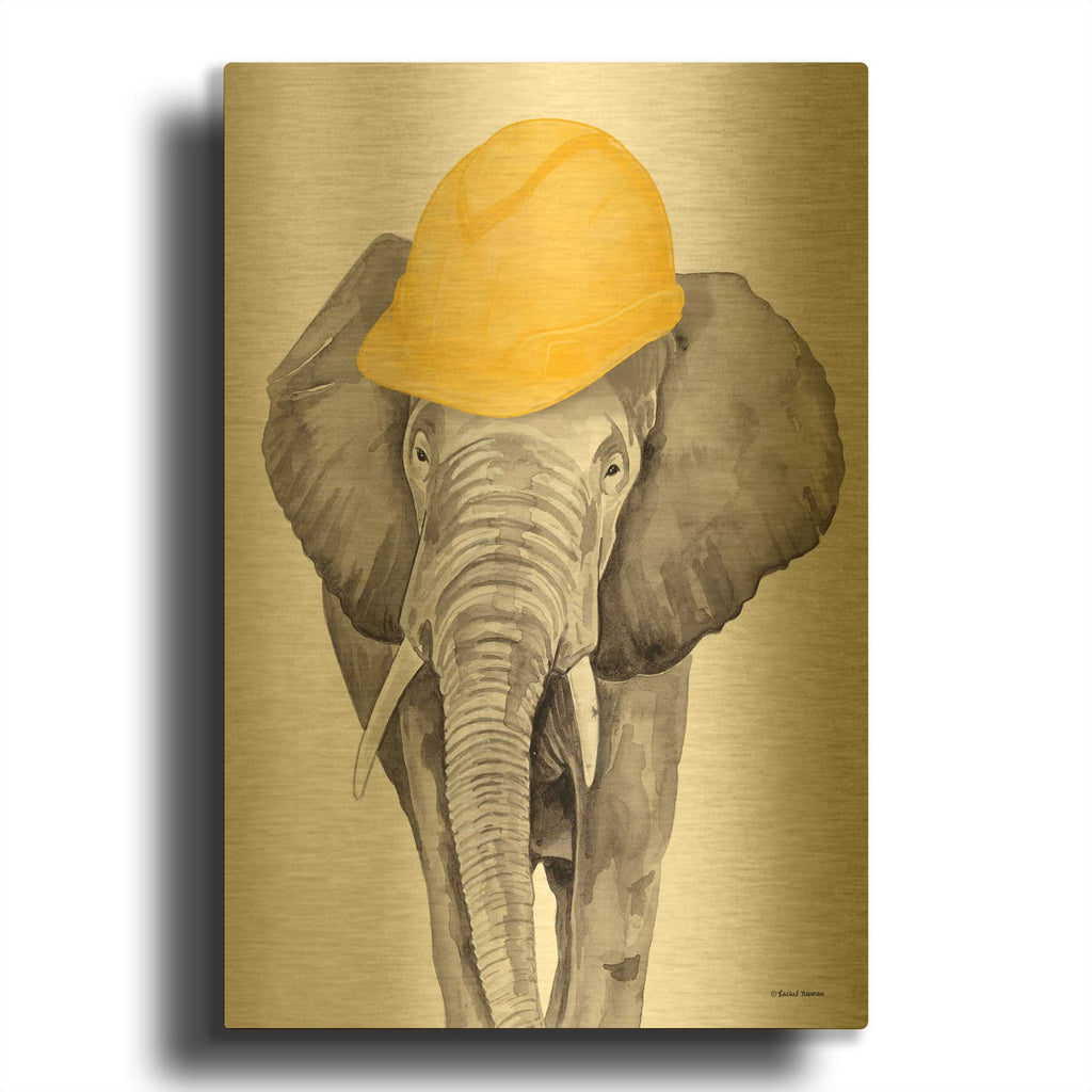 'Construction Elephant' By Rachel Nieman Gold Metal Wall Art