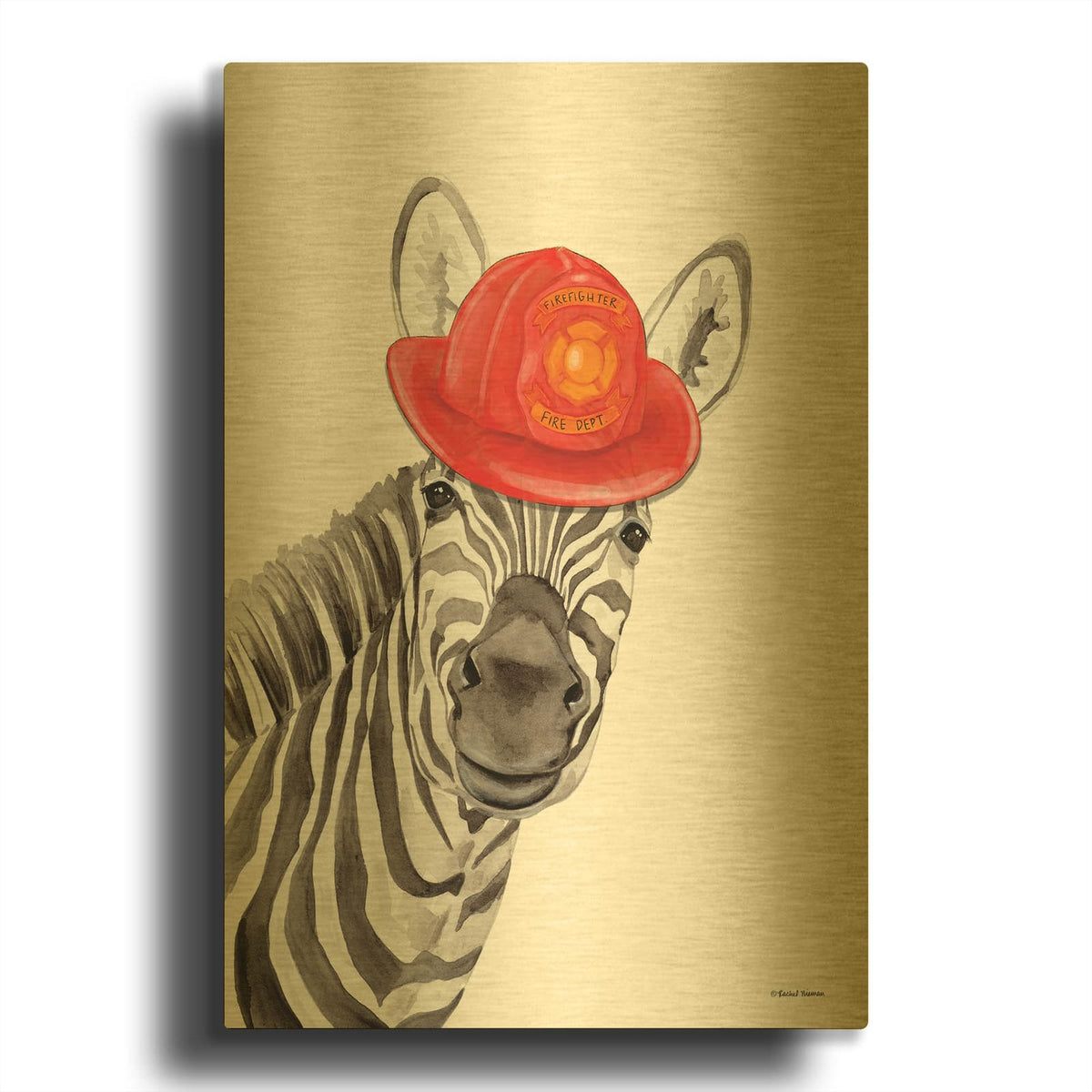 'Firefighter Zebra' By Rachel Nieman Gold Metal Wall Art