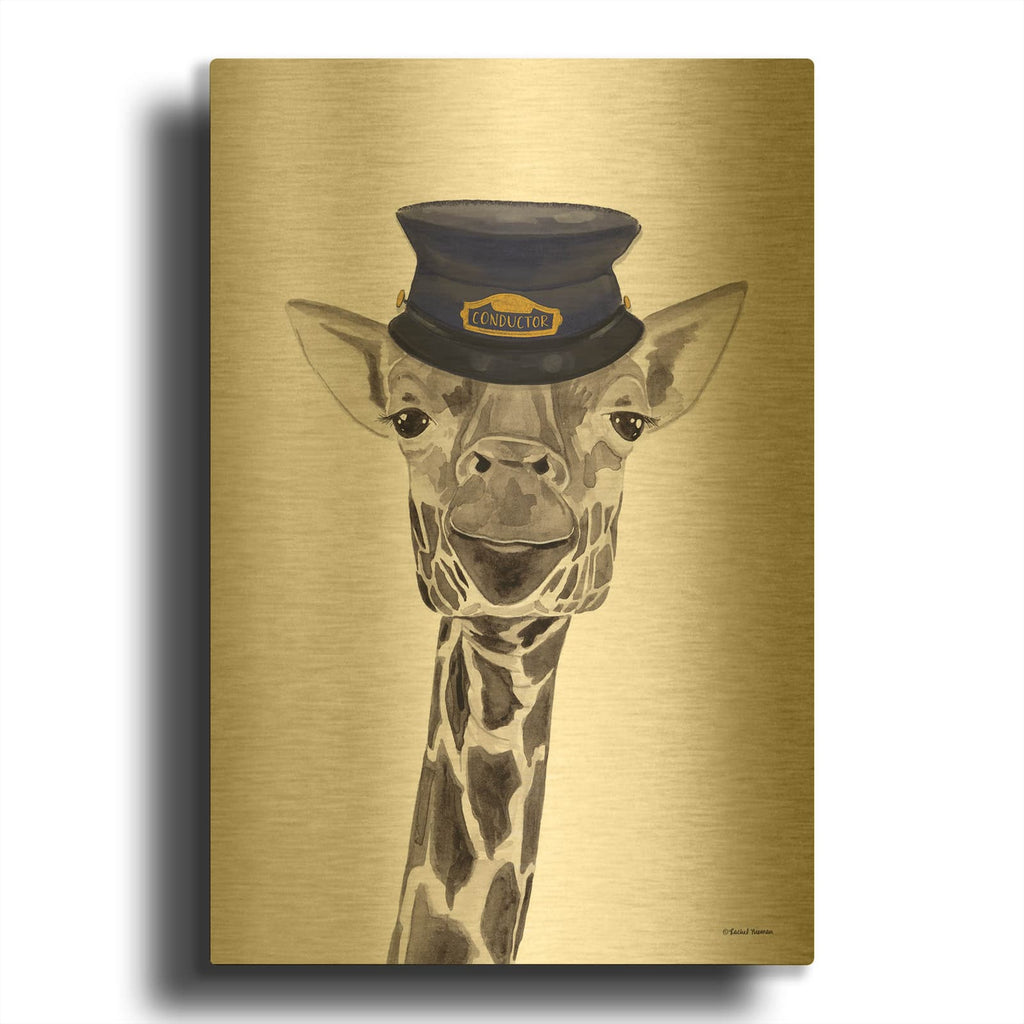 'Train Conductor Giraffe' By Rachel Nieman Gold Metal Wall Art