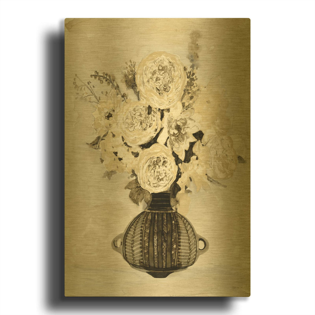 'Incan Pot Floral 1' By Stellar Design Studio Gold Metal Wall Art