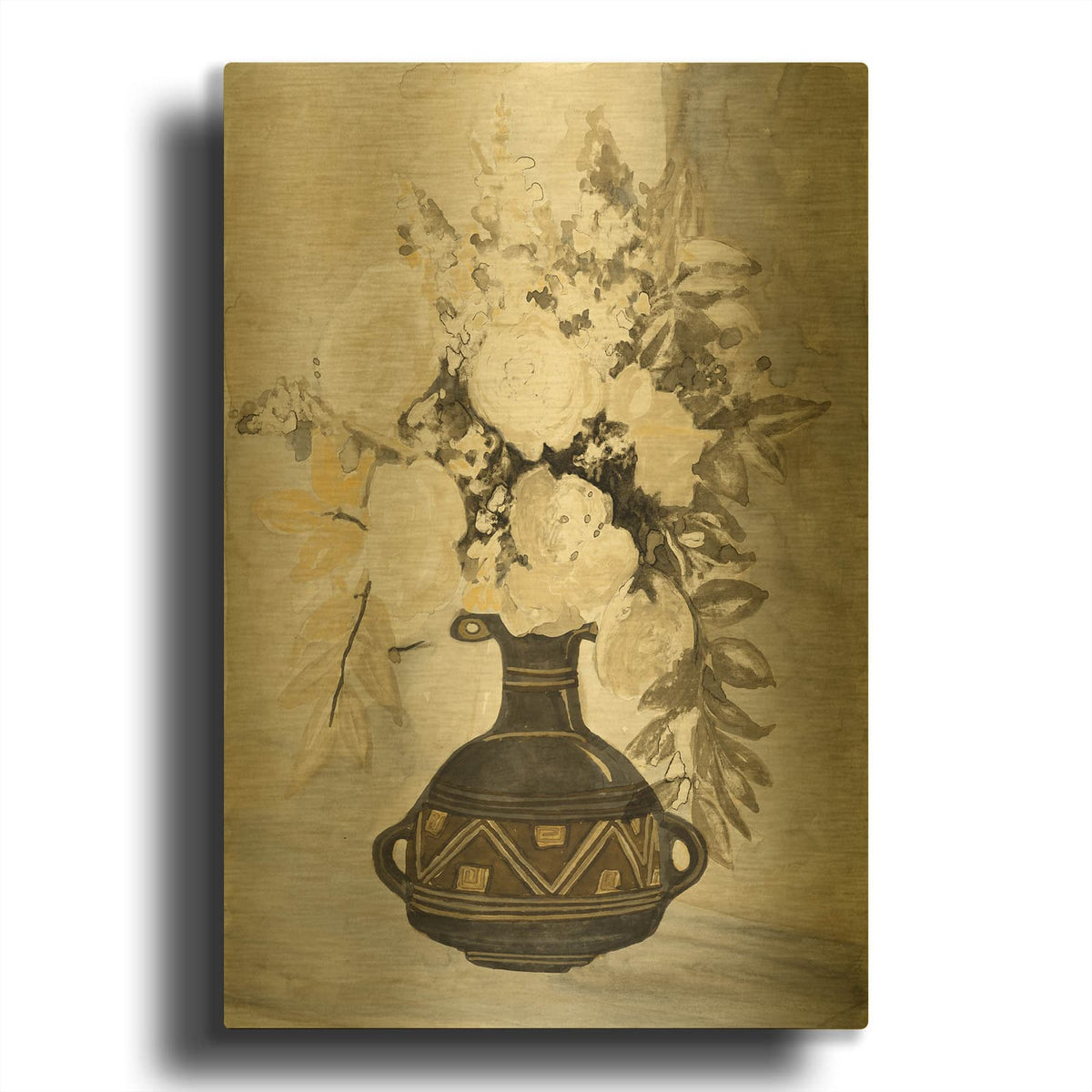 'Incan Pot Floral 2' By Stellar Design Studio Gold Metal Wall Art