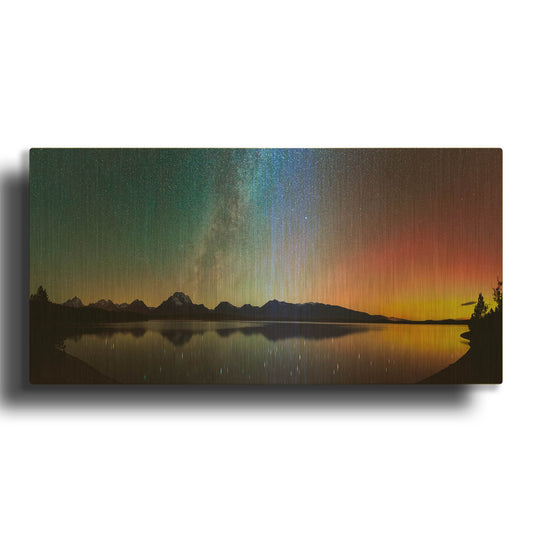 'Northern Lights over Jackson Lake Pano for Websites' By Darren White Gold Metal Wall Art