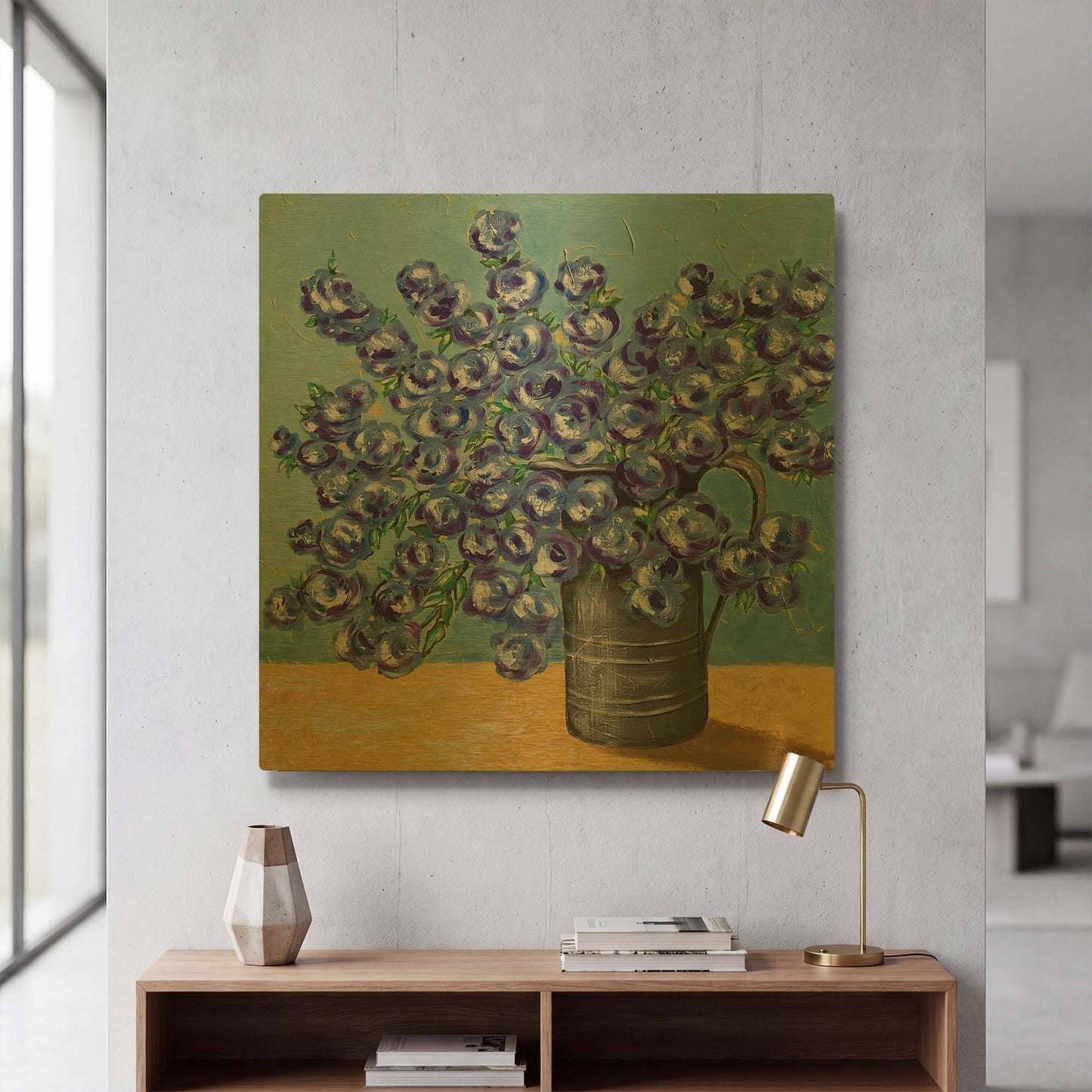 'Blue on Blue Watering Can' By Jade Reynolds Gold Metal Wall Art