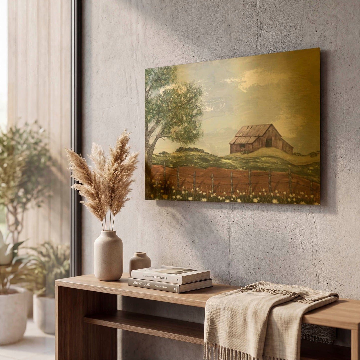 'Red Barn in A Field' By Jade Reynolds Gold Metal Wall Art