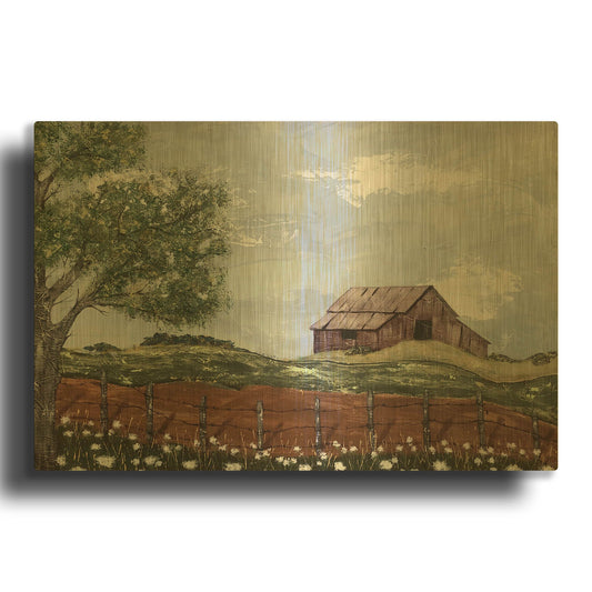 'Red Barn in A Field' By Jade Reynolds Gold Metal Wall Art