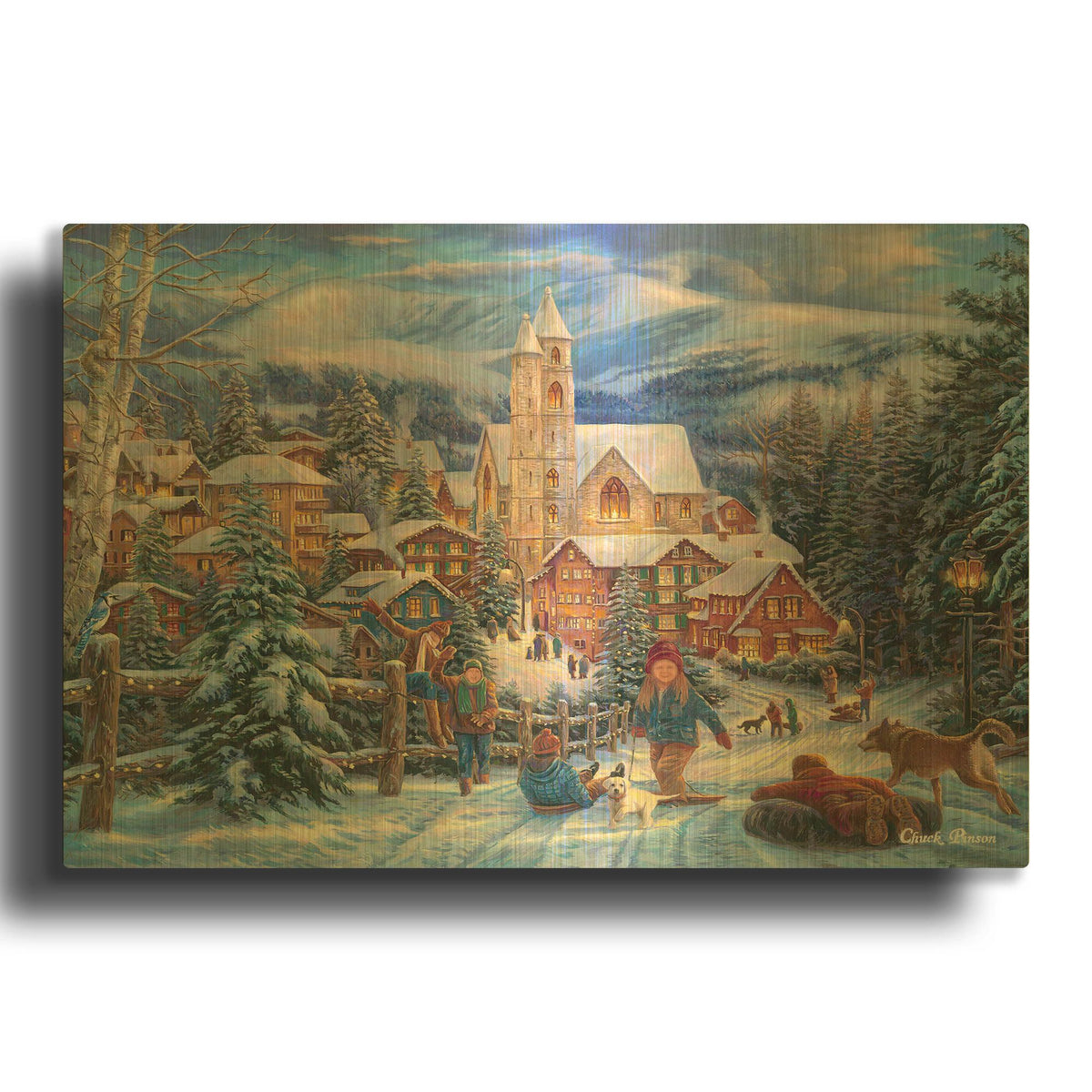 'Sledding to Town' By Chuck Pinson Gold Metal Wall Art