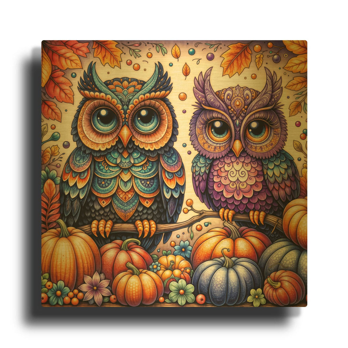'Two Owls With Pumpkins' By Rey Klimt Gold Metal Wall Art