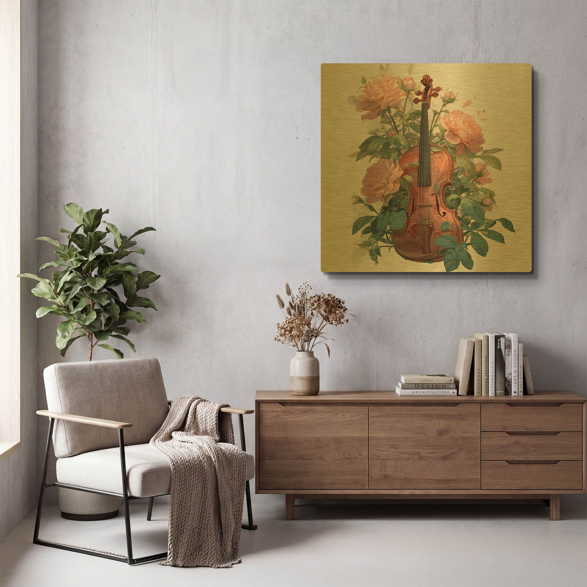 'Violin Roses' By Rich Monet Gold Metal Wall Art