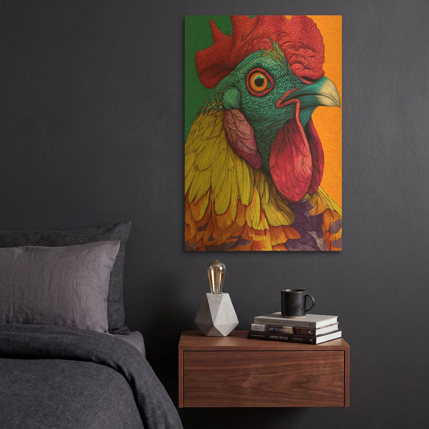 'Colorful Farm Rooster 1' By Rich Monet Gold Metal Wall Art