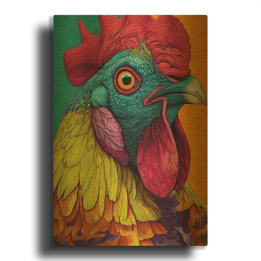 'Colorful Farm Rooster 1' By Rich Monet Gold Metal Wall Art