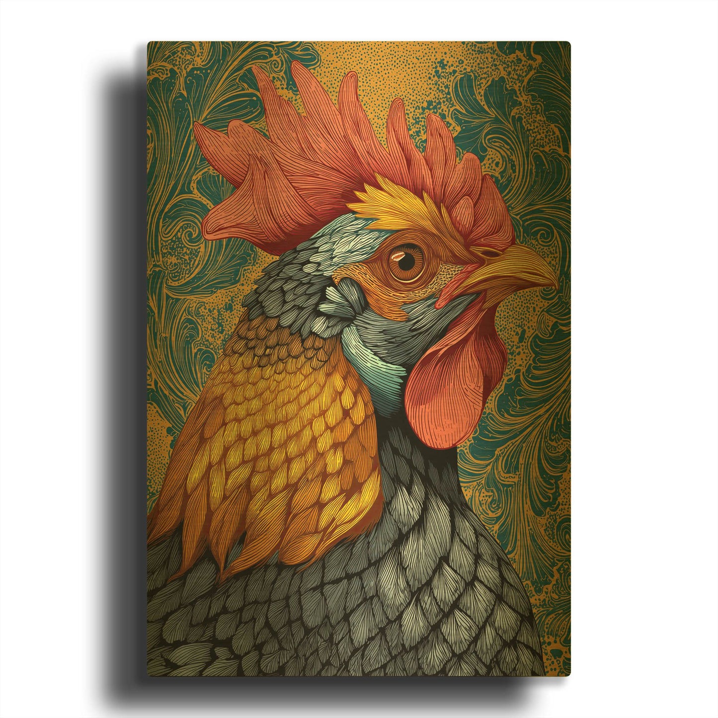 'Colorful Farm Rooster 2' By Rich Monet Gold Metal Wall Art