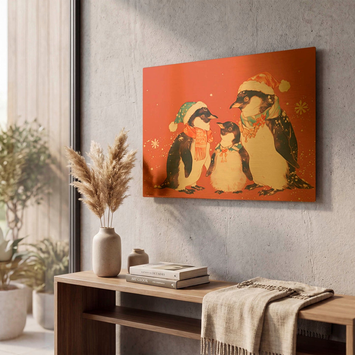 'Penguin Family Christmas' By Rich Monet Gold Metal Wall Art