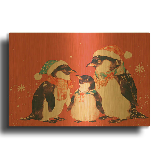 'Penguin Family Christmas' By Rich Monet Gold Metal Wall Art