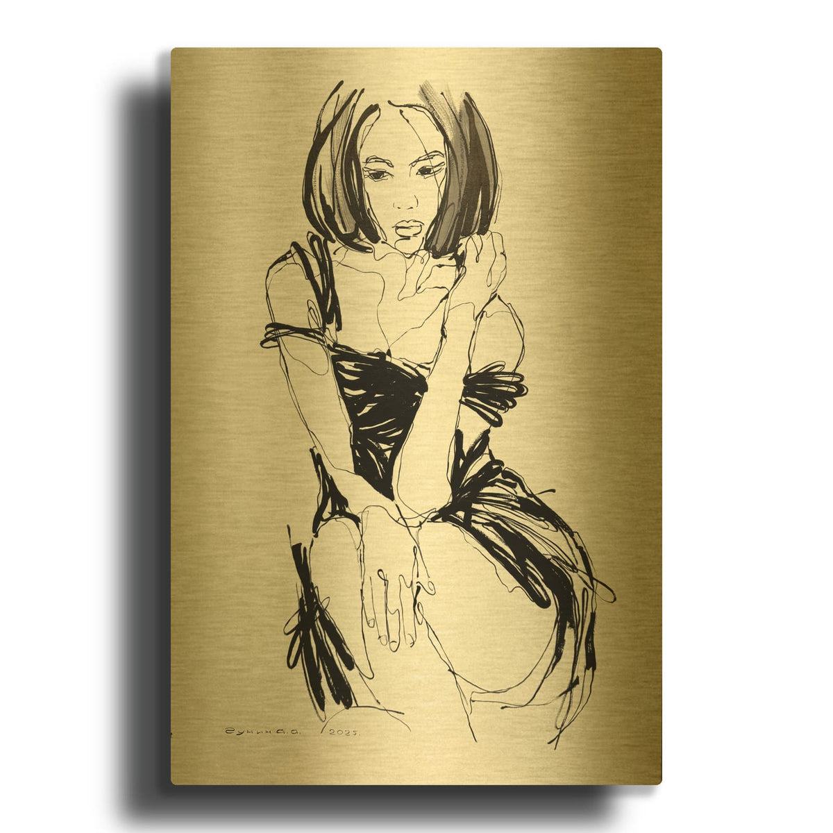 'Black And White Woman' By Alexander Gunin Gold Metal Wall Art