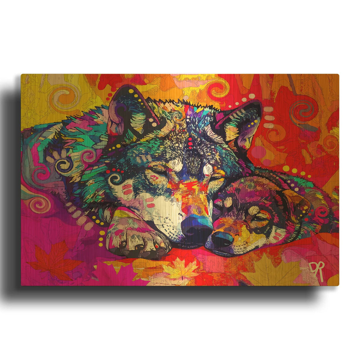 'The Fall Bed Sleeping Wolves' By Dean Russo Gold Metal Wall Art