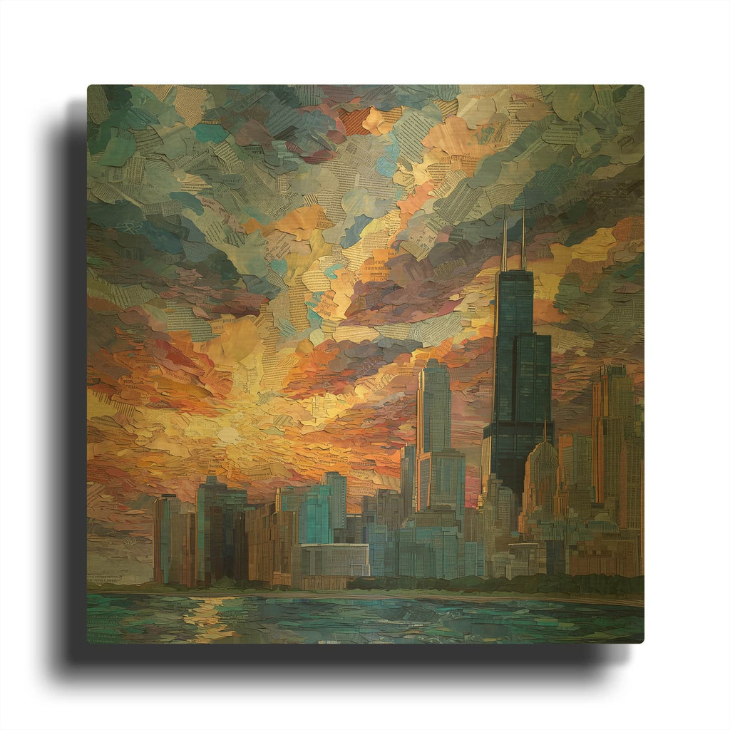 'Newspaper Collage Chicago 1' By Ann Klee Gold Metal Wall Art