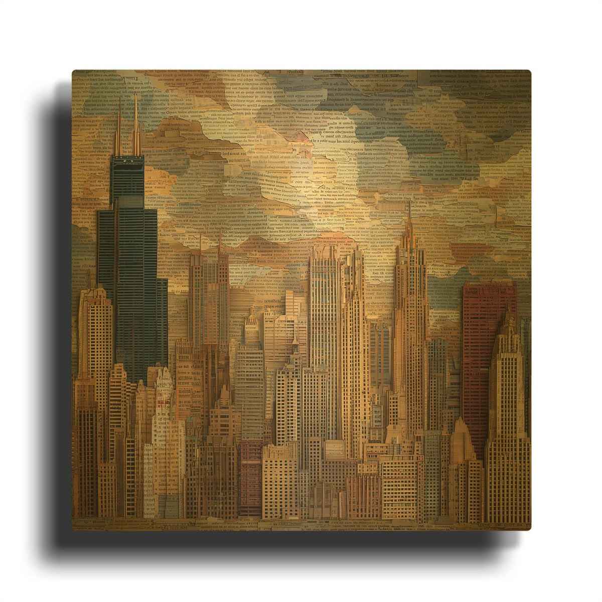 'Newspaper Collage Chicago 3' By Ann Klee Gold Metal Wall Art